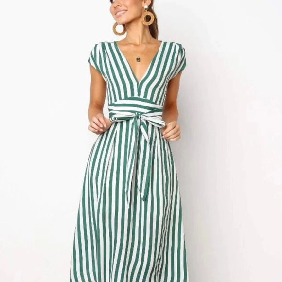 Casual Stripe Printing Off Shoulder Sleeveless Dress - Picture 1 of 8